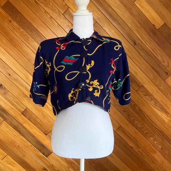 Vintage 80s/90s Navy Blue Nautical Button Up Crop Top - Picture 3 of 5